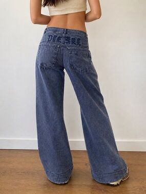 Diesel Vintage Y2K Blue Lined Wide Leg Jeans Spellout Back Pocket Low Rise Sz 26